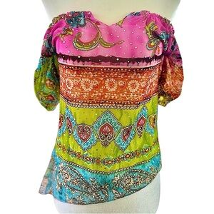Sequin Paisley Floral Puff Sleeves Asymmetrical Peasant Rainbow Sheer Top Small